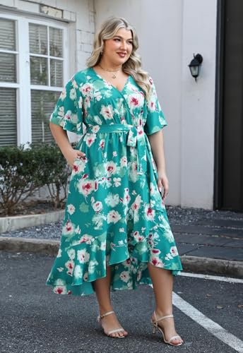 Image of Keluummi Plus Size Maxi Dress for Women V-Neck Floral Empire Waist 3 /4 Sleeve with Pockets
