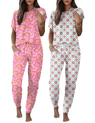 Image of Ekouaer 2 pack Womens Pajama Short Sleeve Jogger Pants Pjs Lounge Set | Pajama Sets with Pockets Comfy Sleepwear for Daily Wear, Sleep, Home, Sport, Workout