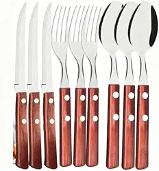 Jogo de Talheres 36 PEÇAS de Cozinha Inox CABO DE MADEIRA 12 Garfos + 12 Facas + 12 Colheres de Mesa Talher - Conjunto Completo para 12 Pessoas(72 PEÇAS)