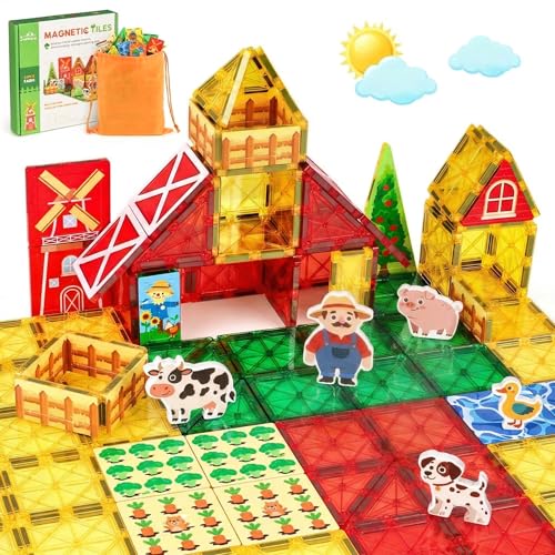 3 Otters 42PCS Magnetic Tiles Set Building Blocks with Farm Animals