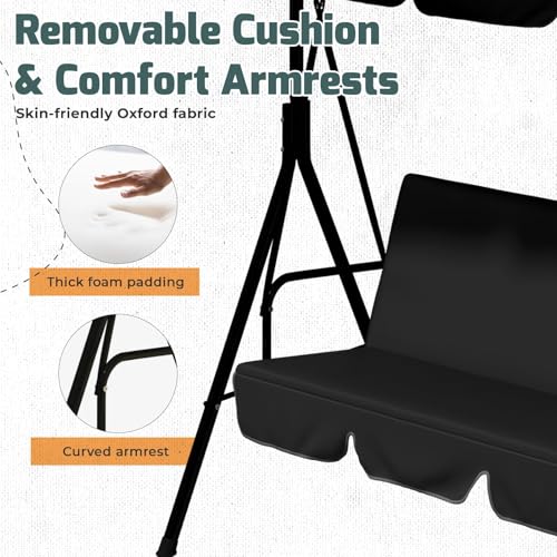 Image of AECOJOY Porch Swing with Stand, Outdoor Swings for Adults, 3-Seat Outdoor Swing with Canopy, Outside Swing Bench with Removable Cushion, Suitable for Backyard, Garden, Yard, Poolside, Balcony (Black)