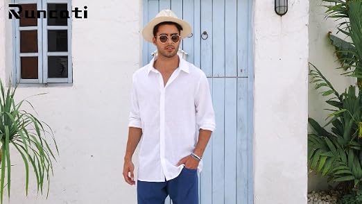 Chemise décontractée à manches longues pour homme - En coton et lin - Solide - Décontractée - Pour l'été - Pour la plage, blanc, XXXXXL