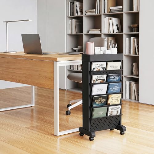 Image of BYFU 6-Tier Rolling Bookshelf, Multi-Functional Storage Rolling File Cart with Lockable Casters for Office Kitchen Classroom Organization and Storage, Black