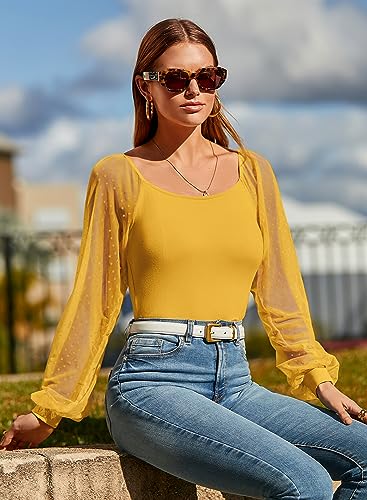 DOROSE Womens Puff Long Sleeve Blouses Casual Slim Fit Shirts Yellow Large - Thumbnail 3