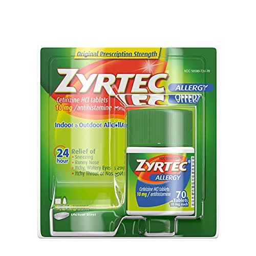 Zyrtec 24 Hour Allergy Relief Tablets, 10 mg Cetirizine HCl Antihistamine Allergy Medicine, 70 ct