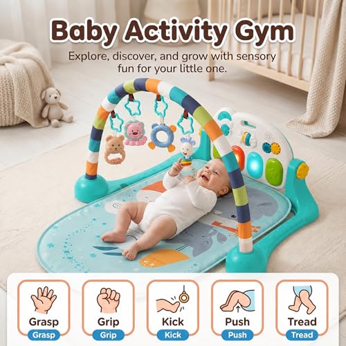 Image of StarAndDaisy Baby Play Gym mat, Kick & Play Gym mat with Adjustable Piano for Baby, Infants & Toddler Gym /Play mat with Hanging rattles Toys Music & Light - Blue