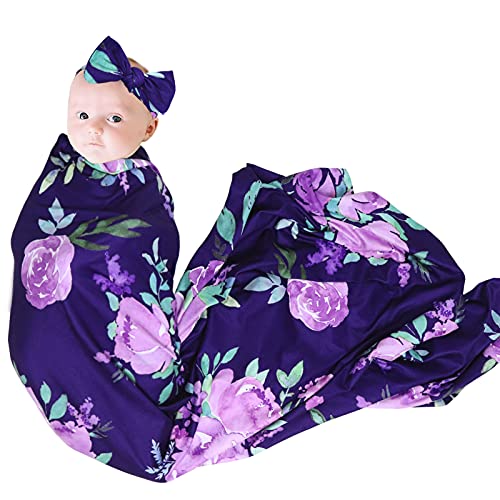 Image of Newborn Receiving Blanket Headband Set Purple Flower Stretchy Baby Girl Swaddle Blanket Large Infant Sleeping Wrap Blankets