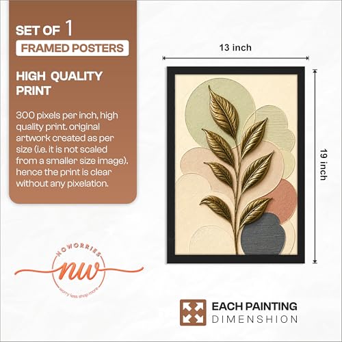 Image of NoWorries 3D Botanical Leaf Wall Painting with Frame Set of 1 | Premium Textured Gold Leaf Artwork, Modern Abstract Nature Wall Decor for Living Room, Bedroom, Office and Home Decoration (3d Art-11,13x19inch)