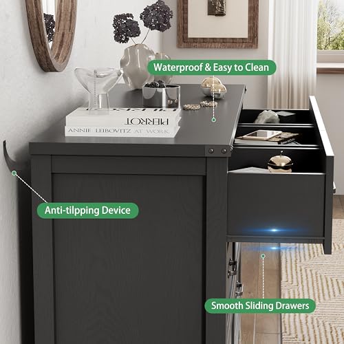 Image of Dresser for Bedroom with 7 Drawers, 48 inch Wide Modern Chest of Drawers with Deep Drawers & Mental Handle, Wood Dresser TV Stand, Wooden Closet Storage Organizer for Living Room, Hallway, Entryway, Black