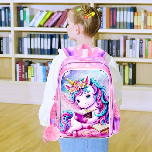 Image of AGSDON 3PCS Read Unicorn Backpack for Girls, 16 inch Kids Backpacks for Girl Water Resistant Preschool, Elementary Bookbag with Lunch Box