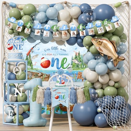 Ofishally One Birthday Decorations O Fishally One First Birthday Party Decorations Kit for Boys Our Little Man Is Ofishally Turning One Party Supplies Summer Fishing-Themed Balloon Garland for 1st Boy