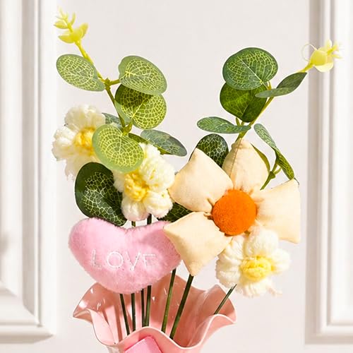 Image of Art Street Handmade Crochet Flower Vase with Love Heart Cushion | Artificial Knitted Flowers & Fabric Daisy with Green Leaves | Decorative Pink Vase with Ribbon for Birthday, Anniversary, Valentine