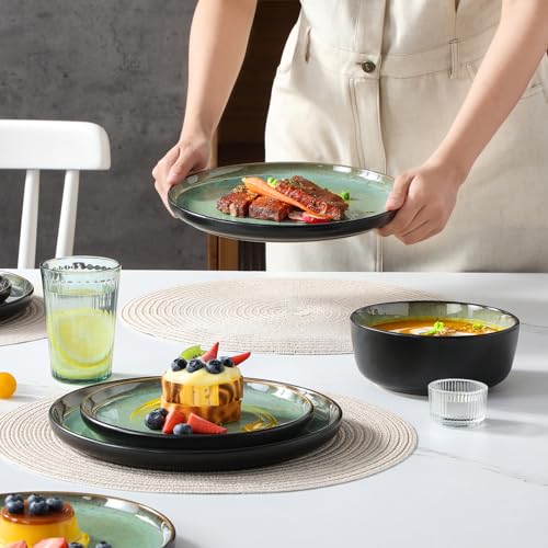 Image of vancasso Plates and Bowls Sets, 18 Pieces Stoneware Dinnerware Sets for 6, Kitchen Dish Set Mircowave and Dishwasher Safe Ceramic Dishware, Turf Green, Series AMBER
