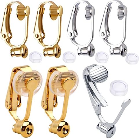 Aylifu Clip-on Earring Converters, 12 Pieces Non Pierced Earring Clips with Post Earring Components and 12 Pieces Silicone Earring Pads for Earring Making, Silver and Gold Cover