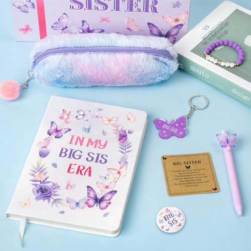 CY2SIDE Big Sister Gifts for Girls, 7PCS In My Big Sis Era Announcement Set Include Butterfly Notebook Pen Plush Pouch Keychain and Greeting Card, Charm Birthday Gifts for New Sibling Arrival Age 2-8 - image 4