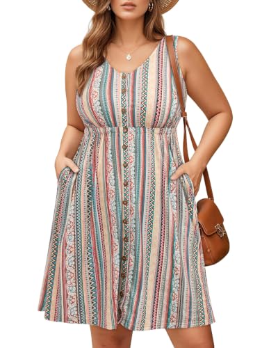 Image of Holipick Women's Plus Size Summer Dresses for Women Casual Dress with Pockets A-Line Swing Button Down Sleeveless V Neck