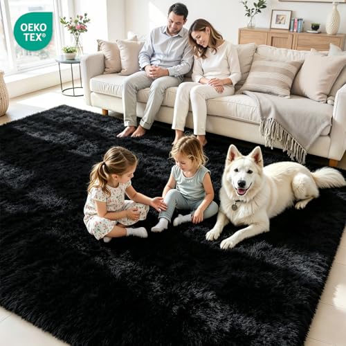 5x7 Area Rug for Living Room, Ultra Soft Fluffy Black Rugs for Bedroom, Non Slip Large Shag Carpet, Fuzzy Plush Nursery Rug, Thick Washable Indoor Floor Carpets for Kids Office Dorm Home Decor — view 4