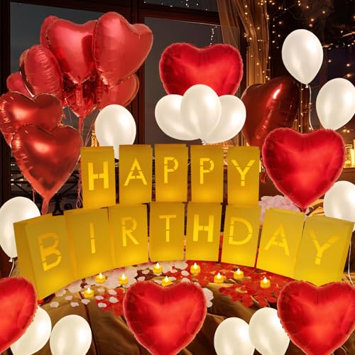 YMDOBIGER Happy Birthday Light Up Letters, Luminary Paper Bags with LED Flameless Tealights Fake Rose Petals Balloons for Women Men Birthday Decorations