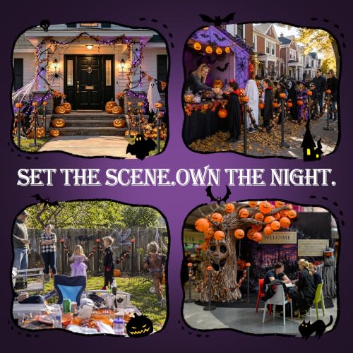 Image of 4 Pack Halloween Pumpkin Head Black Stanchions and Velvet Ropes Set, Stainless Steel Crowd Control Barriers, 3Pcs Black Ropes and Poles for Party,Photobooth Accessories, Prom, Halloween Decorations