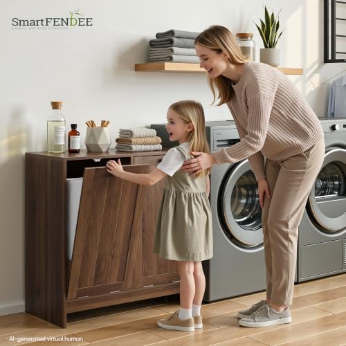 Image of Smart FENDEE Double Tilt Out Laundry Hamper Cabinet, 11.8 Gallon Hidden Trash Cabinets with 2 Baskets for Kitchen, Freestanding Small Bathroom Storage Cabinet Unit, Walnut