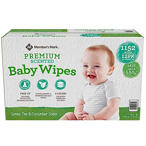 Members Mark | Baby Wipes | 12pk | Green Tea & Cucumber Scent | 96 Wipes per Pack