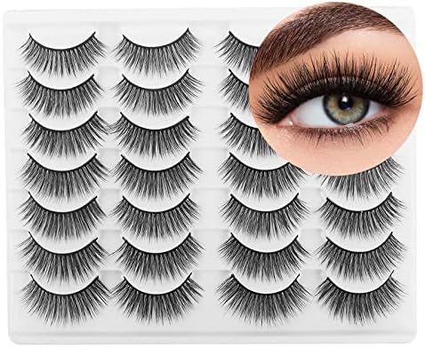 Glowingwin Lashes False Eyelashes Natural Wispy Faux Mink Lashes 14 Pairs 3D Lightweight Handmade Soft Fluffy Medium Length Strip Eyelashes