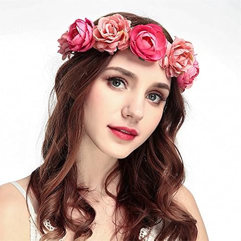 CHSEEA Girl Bride Rose Flower Crown Wedding Festival Headband Hairband Floral Garland Headpiece Hair Wreath with Adjustable Ribbon for Spring Tourism Festival Wedding Garland Party #6 Cover