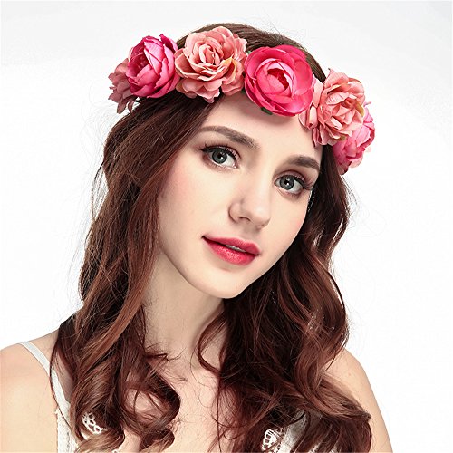 CHSEEO Femmes Filles Serre Tête Accessoire Fleurs De Mariée Rose Bandeau Cheveux Mariage Floral Tête Guirlande Plage Bohémien Couronne de Fleurs Pour Noël Fête Anniversaire #6 Cover