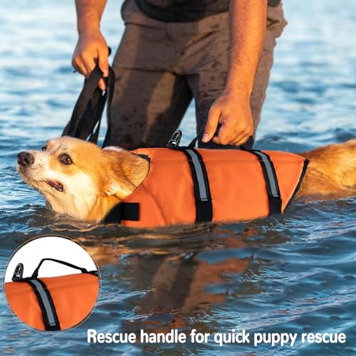 Schwimmweste Hund, FainFun Schwimmweste Hund Orange, für Klein und Groß Hunde Ripstop und Reflektierende, Verstellbare Größe mit Starkem Auftrieb und Schwimmen Rettungsgriff (Orange, XS)