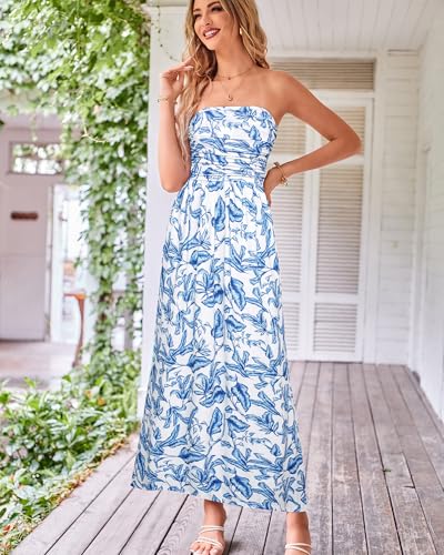 Image of GRACE KARIN Women Strapless Dress Casual Loose Ruched Long Maxi Dress with Pockets