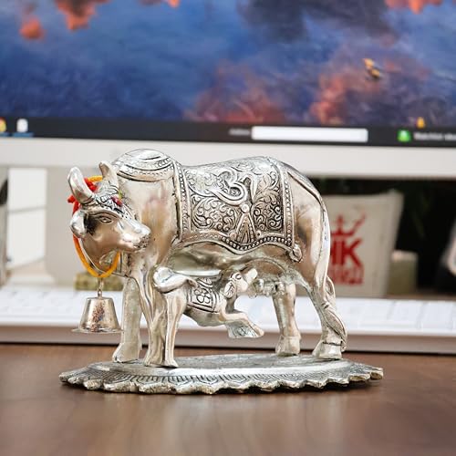 Image of KridayKraft Metal Om Kamdhenu Cow and Calf Metal Statue for Good Luck,Feng Shui As Table Top Figurine,Vastu,Religious Gau MATA Idol Home,Office&Table Decorative,Animal