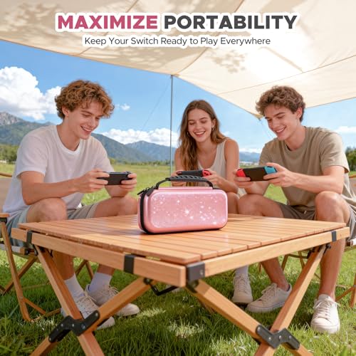 Image of homicozy Carrying Case for Nintendo Switch 2 (2025),Glitter Hard Shell Protective Travel Case with 10 Game Cartridges Storage & Accessories Holders,Portable Shockproof Pouch for Console,Pink