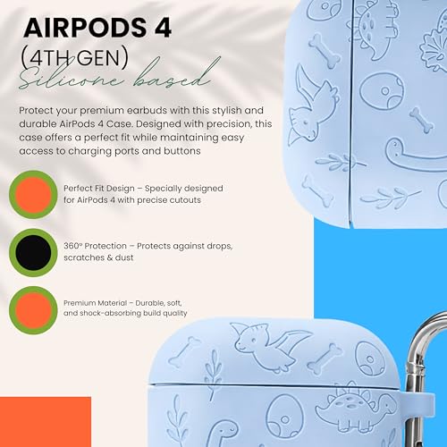 Image of Emoh Roced Case for Airpod 4 with Keychain,Silicone Dinosaur Engraved Cases Compatible with Apple AirPods 4th Generation 2024, Anti-Scratch, Protective Case Cover (Sky Blue, for AirPods 4)