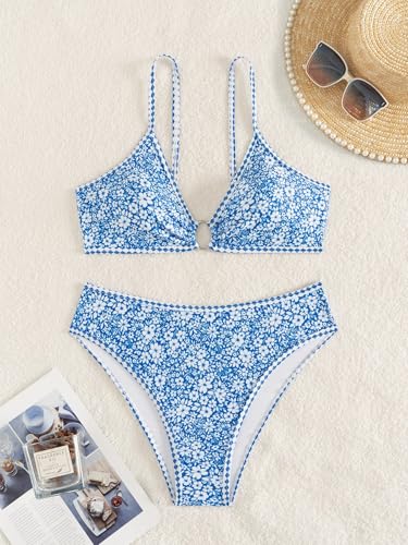 Image of Fanuerg Women's Triangle Bikini Sets O Ring Linked Two Piece Swimsuits Floral Printed Cheeky Bathing Suit