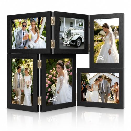 WARM&LOVE 6 Picture Frame, 4x6 & 4x4 Six Folding Hinged Photo Frames, Rustic Wood Desk Family Photo Collage, Wall Hanging or Tabletop Display for Birthday Family Lover Gift (Black)