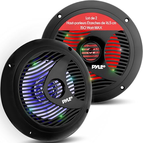 Pyle 16,5 cm Haut-parleurs Marins Doubles-Étanches IP44 et Résistants aux Intempéries -Système Audio Stéréo d’Extérieur avec Lumières LED Intégrées, 150 Watts et Cône en Polypropylène - 1 Paire - Noir