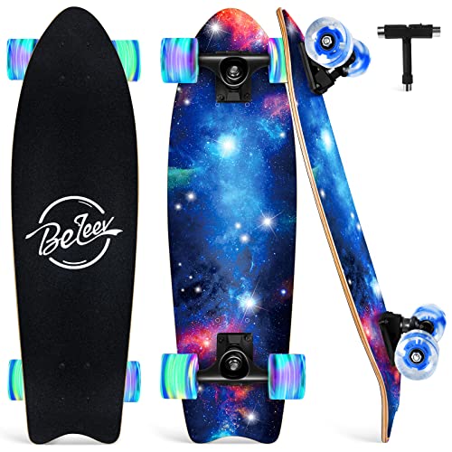 BELEEV Cruiser Skateboards for Beginners, 27 x 8 inch Complete Skateboard for Kids Teens Adults, 7 Ply Canadian Maple Double Kick Deck Concave Skateboard with Skate T-Tool