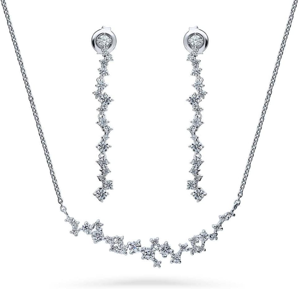 BERRICLE Sterling Silver Cluster Cubic Zirconia CZ Bar Fashion Necklace and Earrings Set for Women, Rhodium Plated