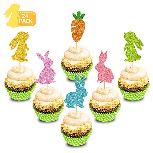 Bunny Rabbit Cupcake Topper Carrot Cake Decoration For Happy Easter Festival Spring Theme Kids Girls Boys Birthday 1St 2Nd Bday Wedding Party Supplies Glitter Decor 24 Pack #TOP1