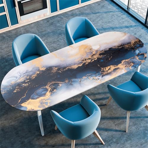 Treer Mantel Oval con Bordes Elástica, Mármol Degradado Mantel Oval Mesa Protector de Mesas Ajustable, Manteles Antimanchas para Fiesta Cocina Picnic (132x229cm/52 x90,Azul Marino)