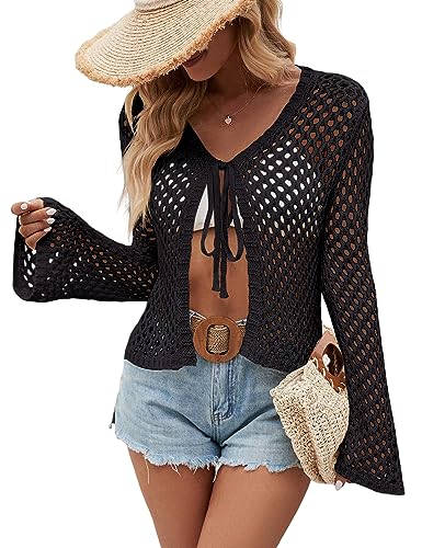 Womens Knit Crochet Cardigan Tie Front Bell Sleeve Hollow Out Shrugs Lightweight Crop Tops