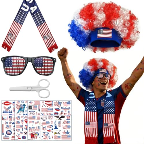 2026 World Cup American Patriotic Accessories, US Flag-Colored Clown Wig (Glasses+Scarf Included) and 107Pcs American Flag Stickers, Waterproof 4th of July Stickers & 250th Anniversary Patriotic Kit