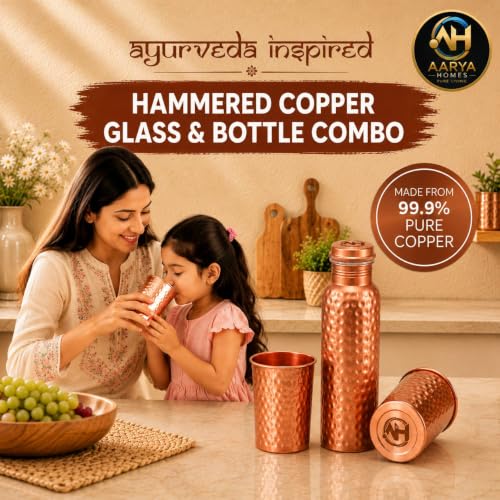 Image of Pure Hammered Copper Water Bottle (950ml) with 2 Copper Glasses (300ml) Combo Set | 99.9% Pure Copper | Gifting Item for Festival, Wedding, Birthday & Corporate Gifting | PURE LIVING.