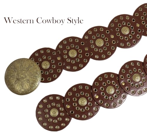 Women Western Cowboy Wide Disc Belts Leather Hollow Out Round Belts for Dress Jeans2