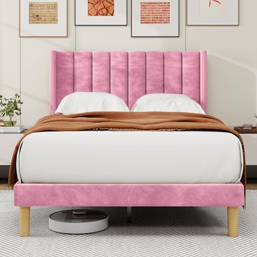 alazyhome Upholstered Platform Full Size Bed Frame with Headboard Wooden Slats Support No Noise Easy Assembly Pink Velvet