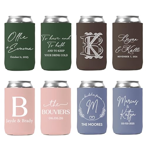 100 PCS Personalized Wedding Can Coolers Bulk - Custom Party Favors for Guests, Fits 12-16oz Cans & Bottles, Unique Wedding Gifts & Event Supplies (100, Standard Can Cooler)