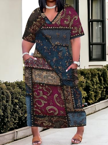 Image of SUZONANA Plus Size Denim Print Maxi Dresses for Women Casual V Neck Short Sleeve with Pockets Soft Jean Look Dress XL-6XL