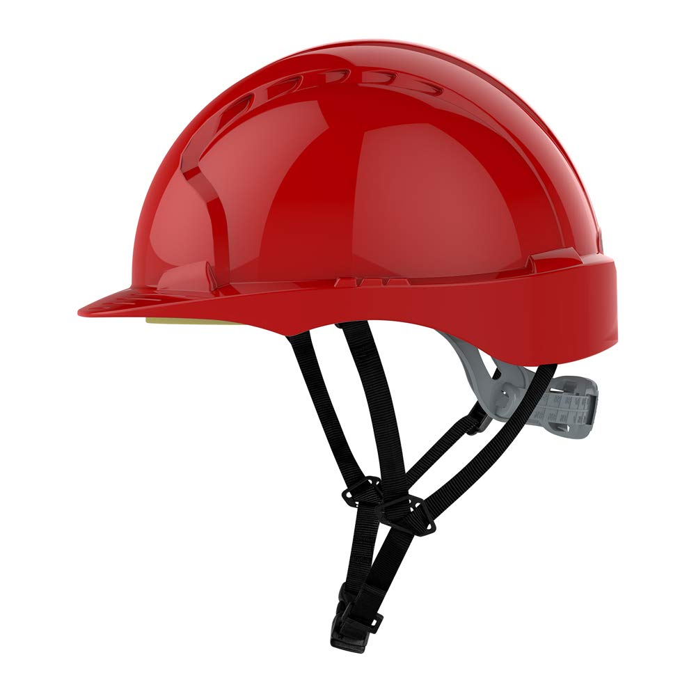 JSP EVO3 Comfort Plus Casco con Barbuquejo 4 Puntos y Rueda, Rojo | Arnés textil 6 puntos, rueda de ajuste y barbuquejo 4 puntos para máxima sujeción. EN 397 certificado.