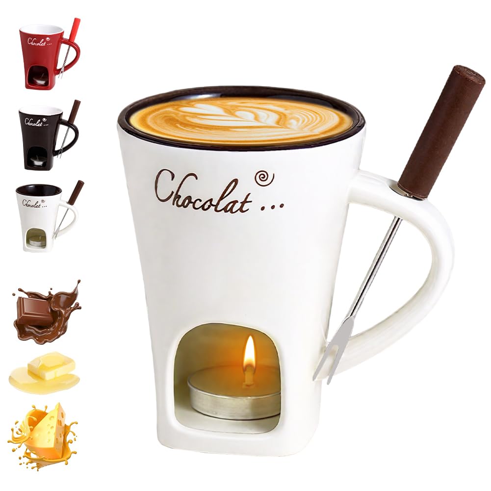 Chocolate Fondue Mug with Forks, Chocolate Melting Cup, Ceramic Butter Warmers Pot Set, Personal Cheese Melting Cup, Fondue Heated with a Tealight, Warmer Mug for Candy Snack Caramel Party (Beige)