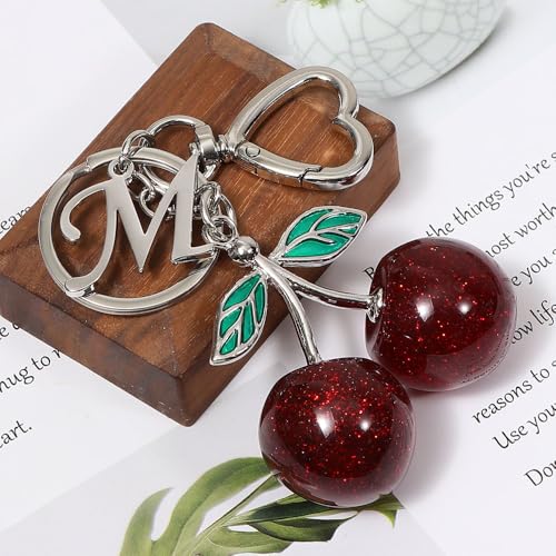 Heart-Shaped Keychain with Initial A-Z and Cherry Charm Bag Charms for Women,Car Accessories